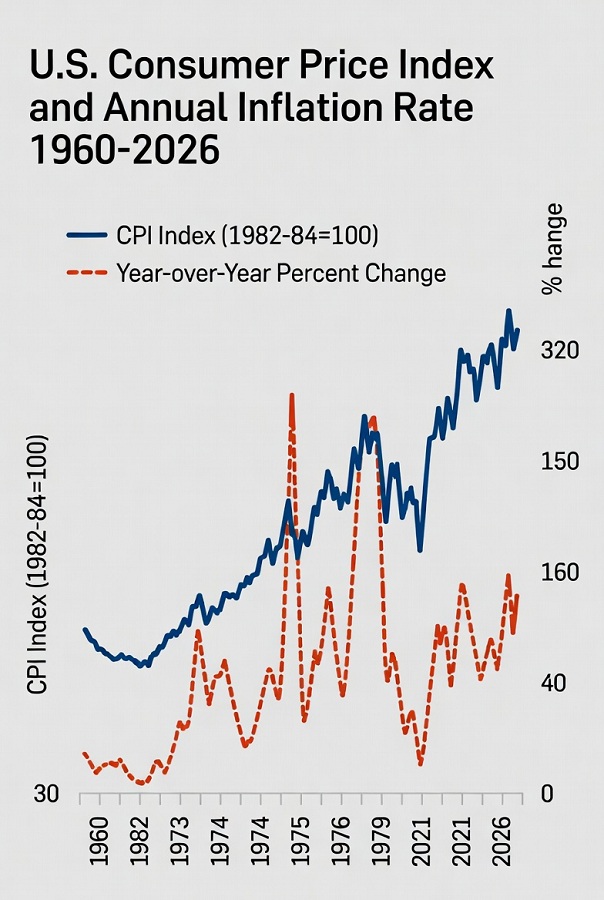 U.S. Consumer Price Index and Annual Inflation Rate 1960–2026 dual-axis chart
