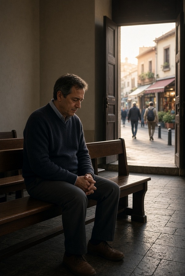 A person in quiet prayer in a modest house of worship with ordinary town life visible through the doorway
