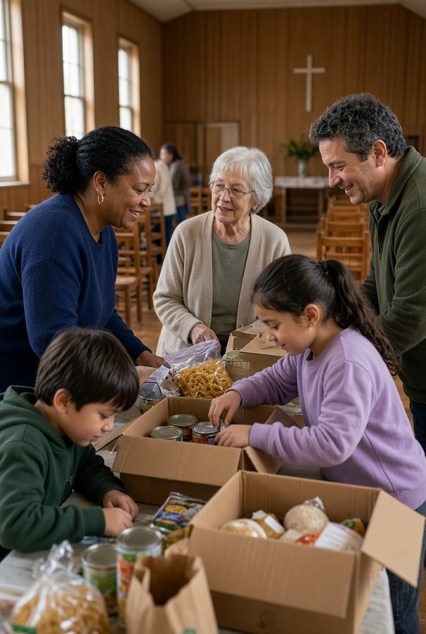 Multi-generational volunteers packing food and helping neighbors in a community hall after worship