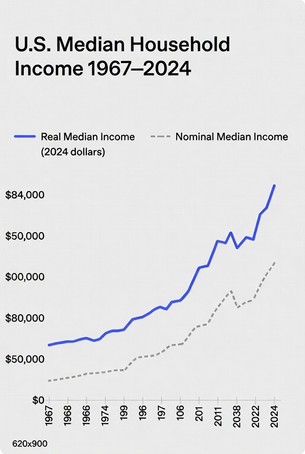 U.S. Median Household Income 1967–2024 chart showing real and nominal lines