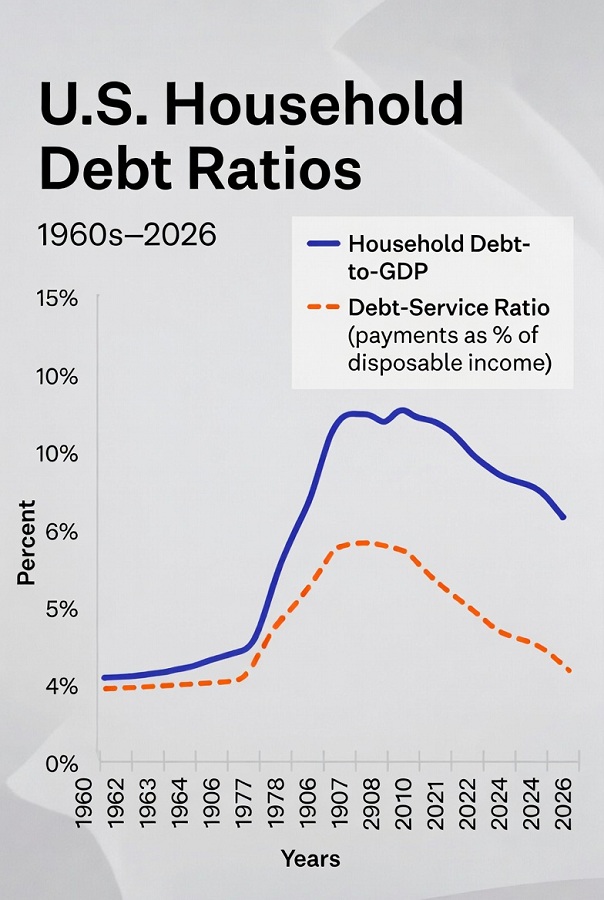 U.S. Household Debt Ratios 1960s–2026 chart showing Debt-to-GDP and Debt-Service Ratio