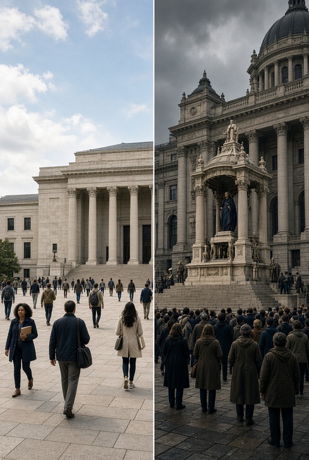 Visual contrast between an open civic square under secular government and a fused church-state order